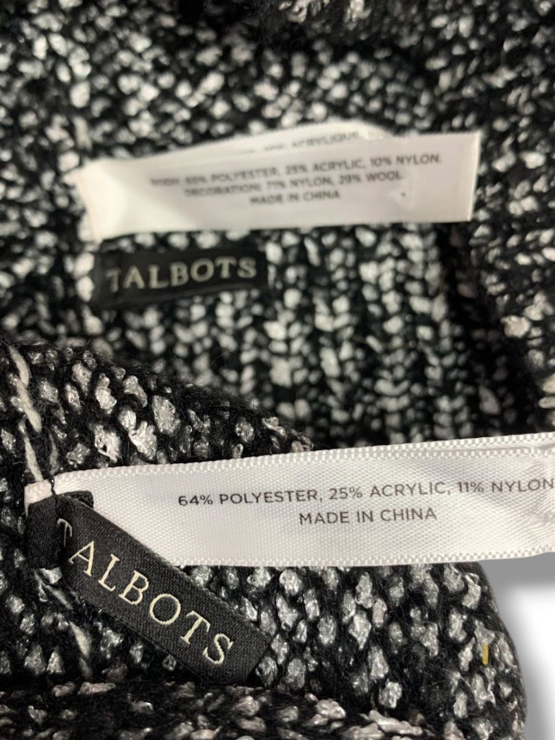 Talbots Womens Sweater Knit Beanie Hat Loop Scarf Set Black Silver Marled
