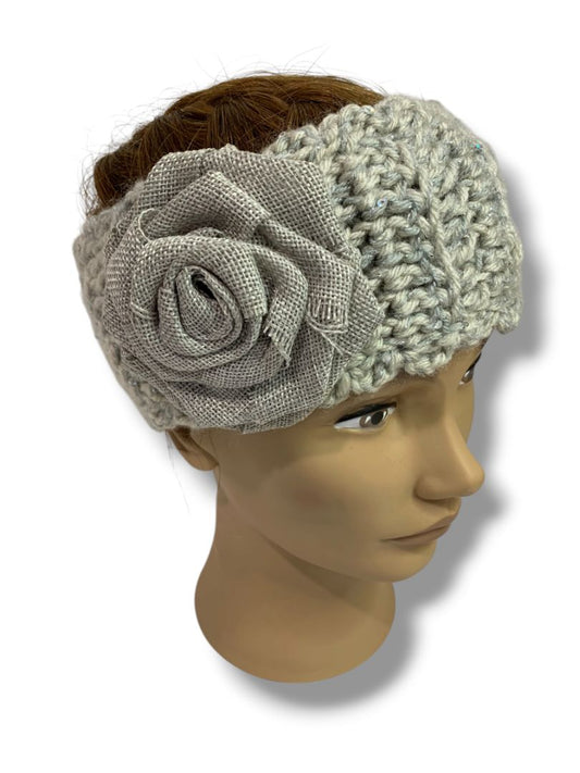 Womens Gray Sweater Knit Headband Winter Ear Warmer Flower Detail