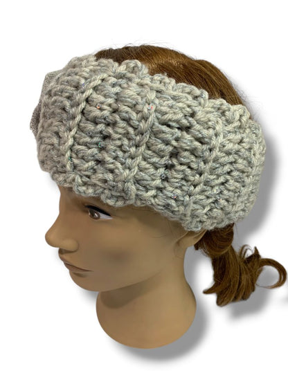 Womens Gray Sweater Knit Headband Winter Ear Warmer Flower Detail