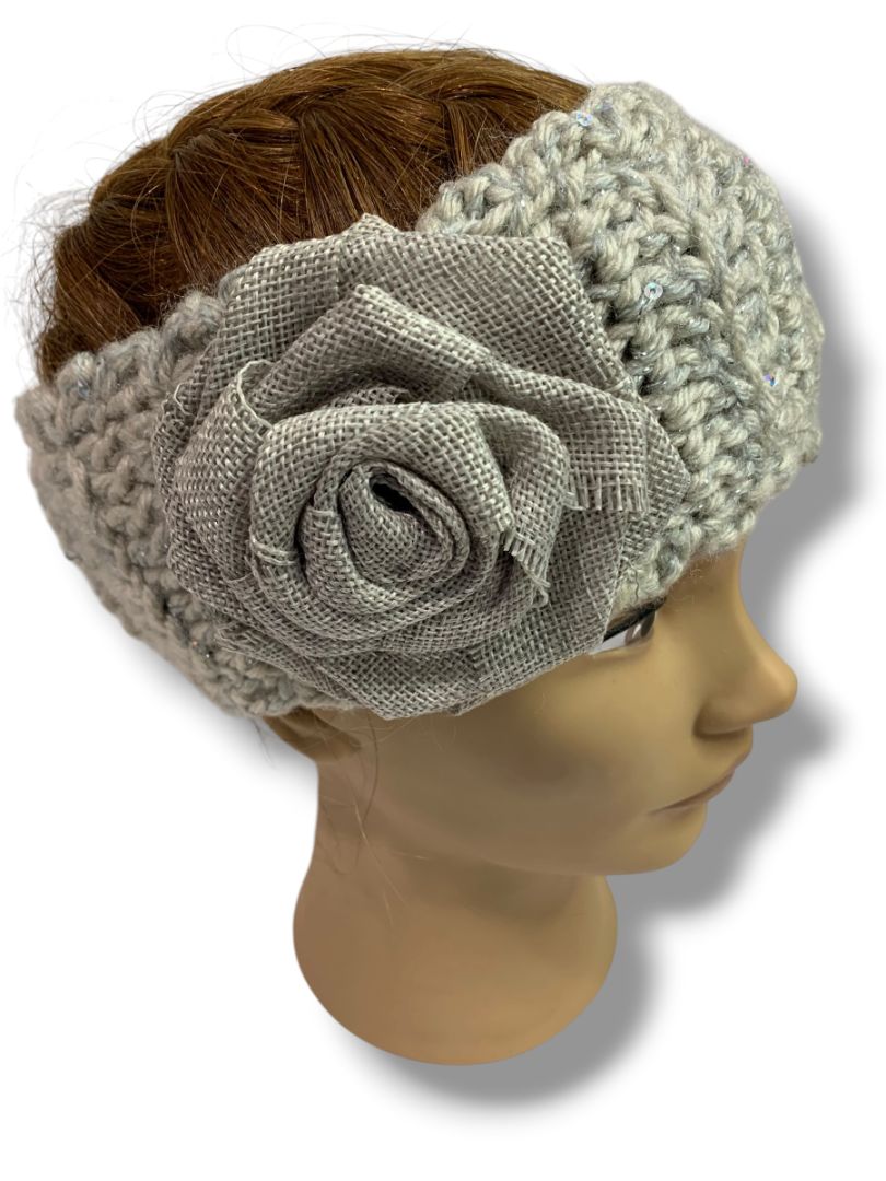 Womens Gray Sweater Knit Headband Winter Ear Warmer Flower Detail
