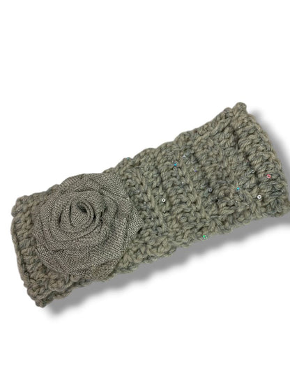 Womens Gray Sweater Knit Headband Winter Ear Warmer Flower Detail