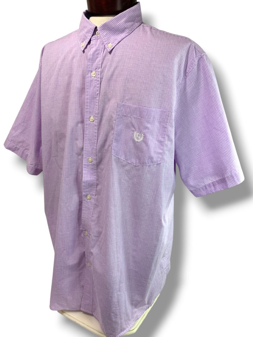 Size XXL Chaps Mens Easy Care Button Down Short Sleeve Orchid Plaid Shirt