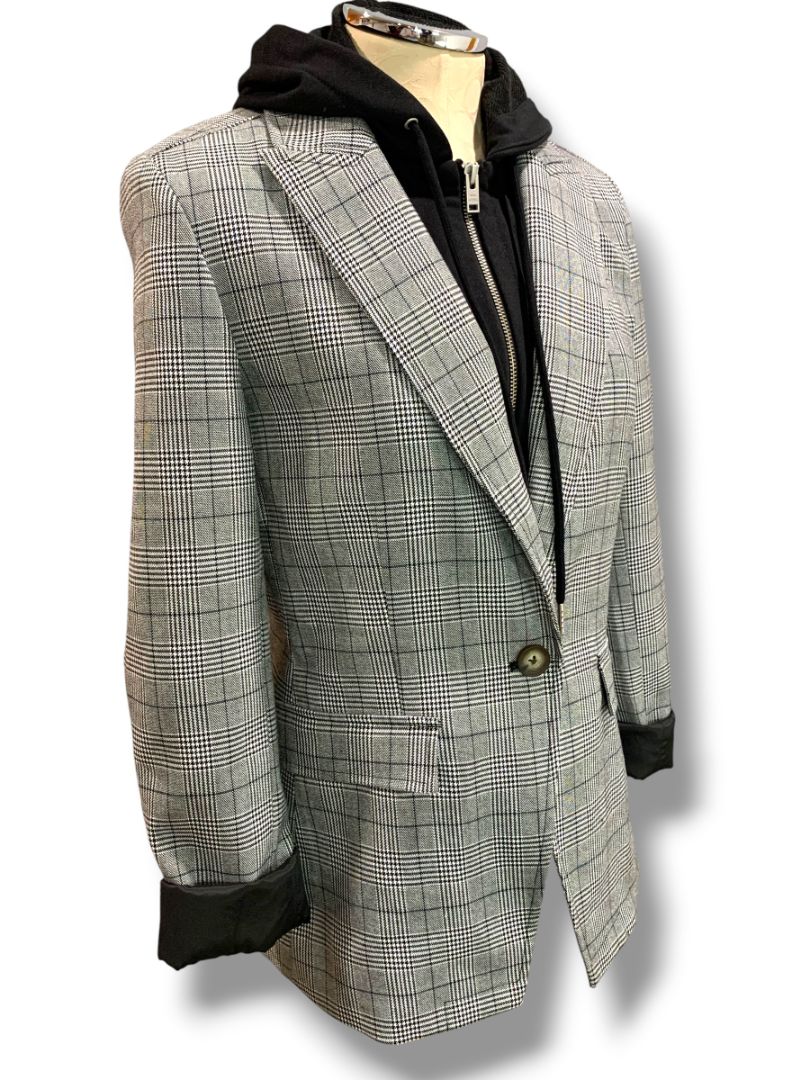 Small Blue Revival Womens Black White Plaid Removable Hoodie Insert Oversize Retro