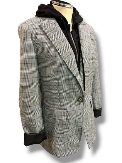 Small Blue Revival Womens Black White Plaid Removable Hoodie Insert Oversize Retro