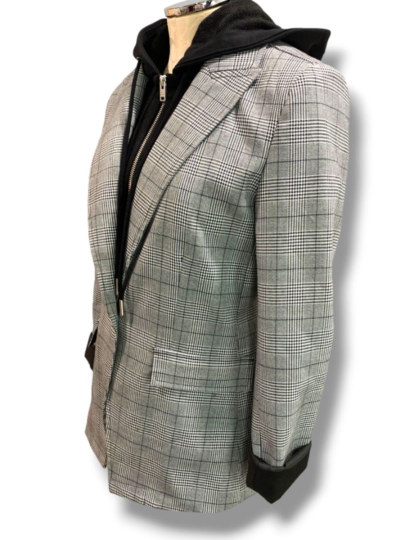 Small Blue Revival Womens Black White Plaid Removable Hoodie Insert Oversize Retro