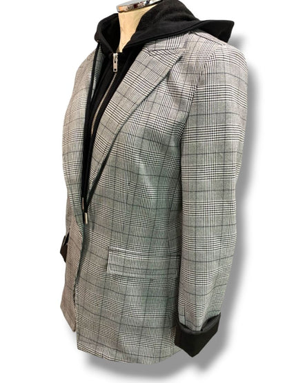 Small Blue Revival Womens Black White Plaid Removable Hoodie Insert Oversize Retro