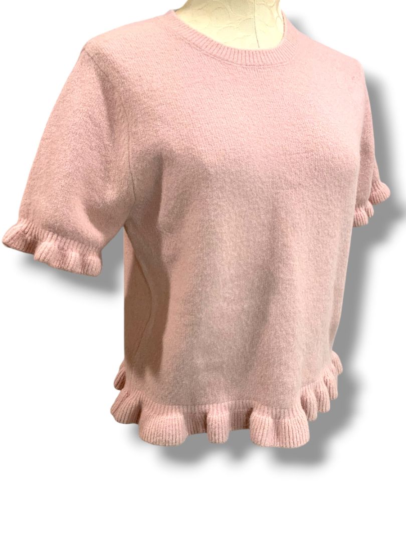 Medium Zara Womens Pink Short Sleeve Sweater Ruffle Trim Wool Blend