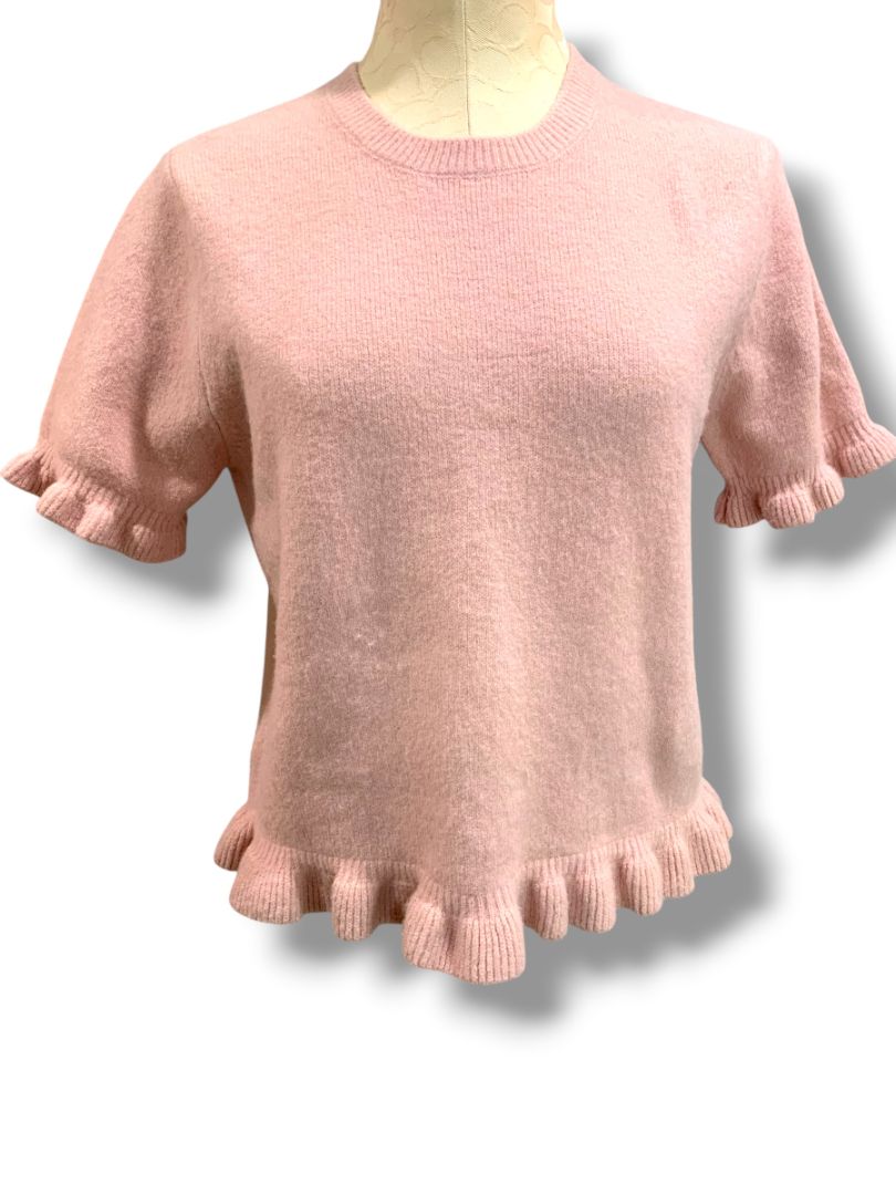 Medium Zara Womens Pink Short Sleeve Sweater Ruffle Trim Wool Blend