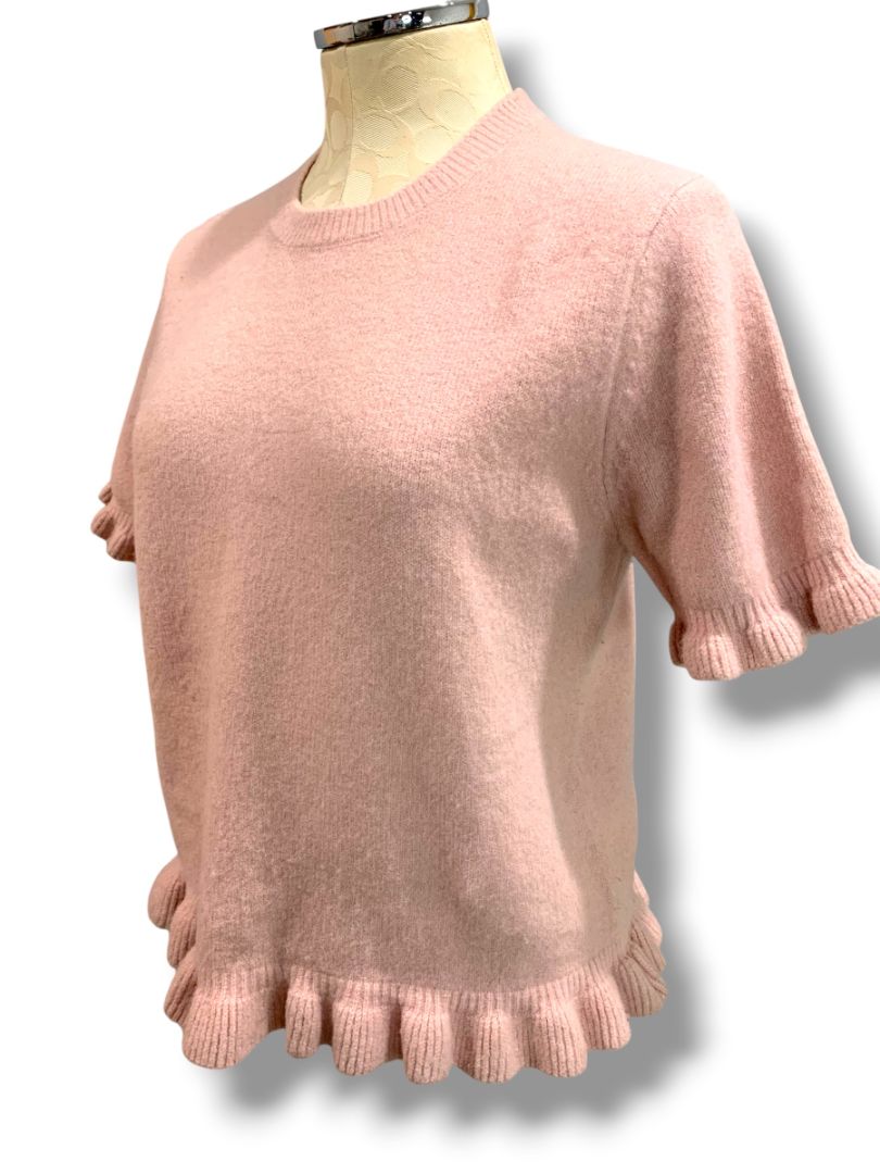 Medium Zara Womens Pink Short Sleeve Sweater Ruffle Trim Wool Blend