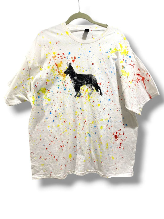 Size 2XL Paint Splatter Dog Print Adult Tshirt White Short Sleeve Gildan Heavy Cotton