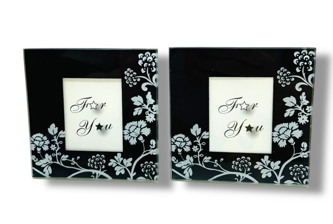 Set of 2 New Photo Glass Coasters 3.5" Square Black Floral