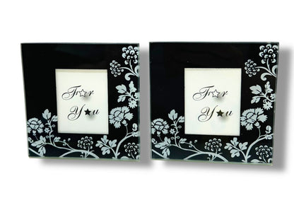 Set of 2 New Photo Glass Coasters 3.5" Square Black Floral
