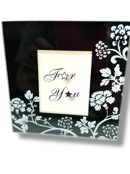 Set of 2 New Photo Glass Coasters 3.5" Square Black Floral