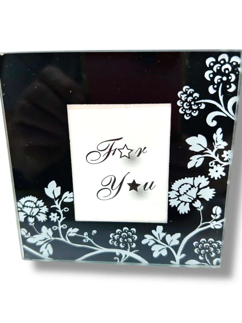 Set of 2 New Photo Glass Coasters 3.5" Square Black Floral