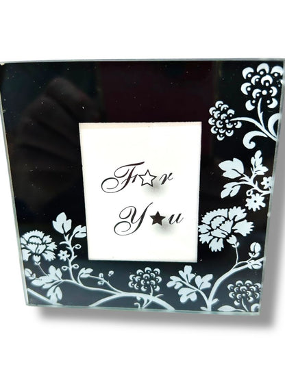 Set of 2 New Photo Glass Coasters 3.5" Square Black Floral