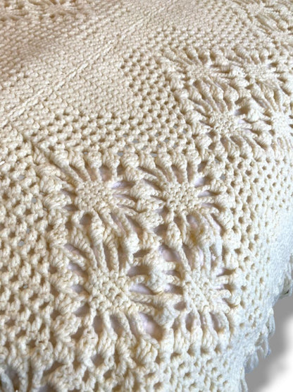 Vintage Crochet Full Queen Bedspread Cream Ecru Diamond Floral 96" x 80"
