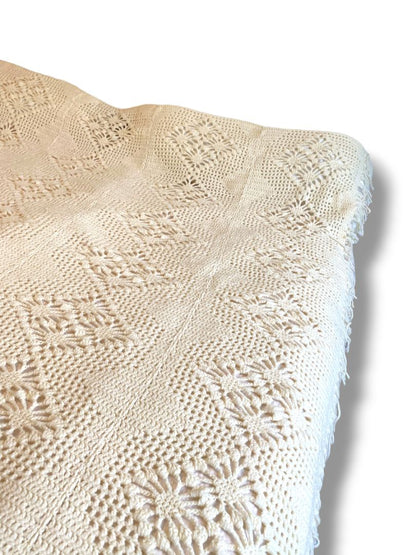 Vintage Crochet Full Queen Bedspread Cream Ecru Diamond Floral 96" x 80"