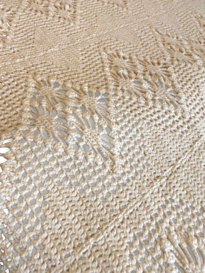 Vintage Crochet Full Queen Bedspread Cream Ecru Diamond Floral 96" x 80"