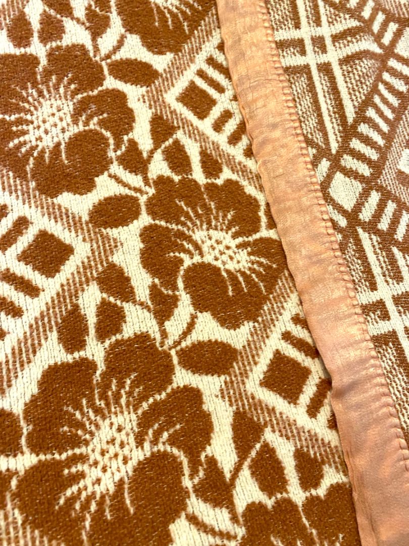 Vintage Woven Brown Cream Floral Geometric Blanket XLong 68'" x 148"