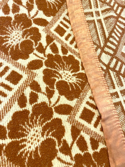 Vintage Woven Brown Cream Floral Geometric Blanket XLong 68'" x 148"
