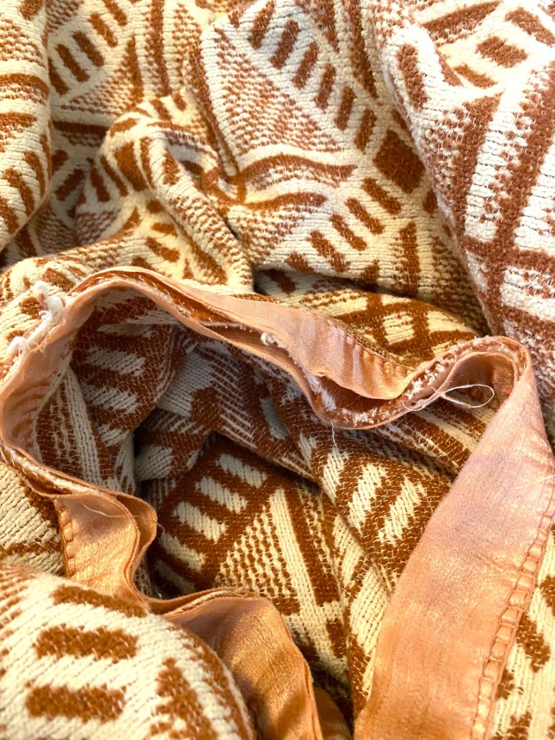 Vintage Woven Brown Cream Floral Geometric Blanket XLong 68'" x 148"