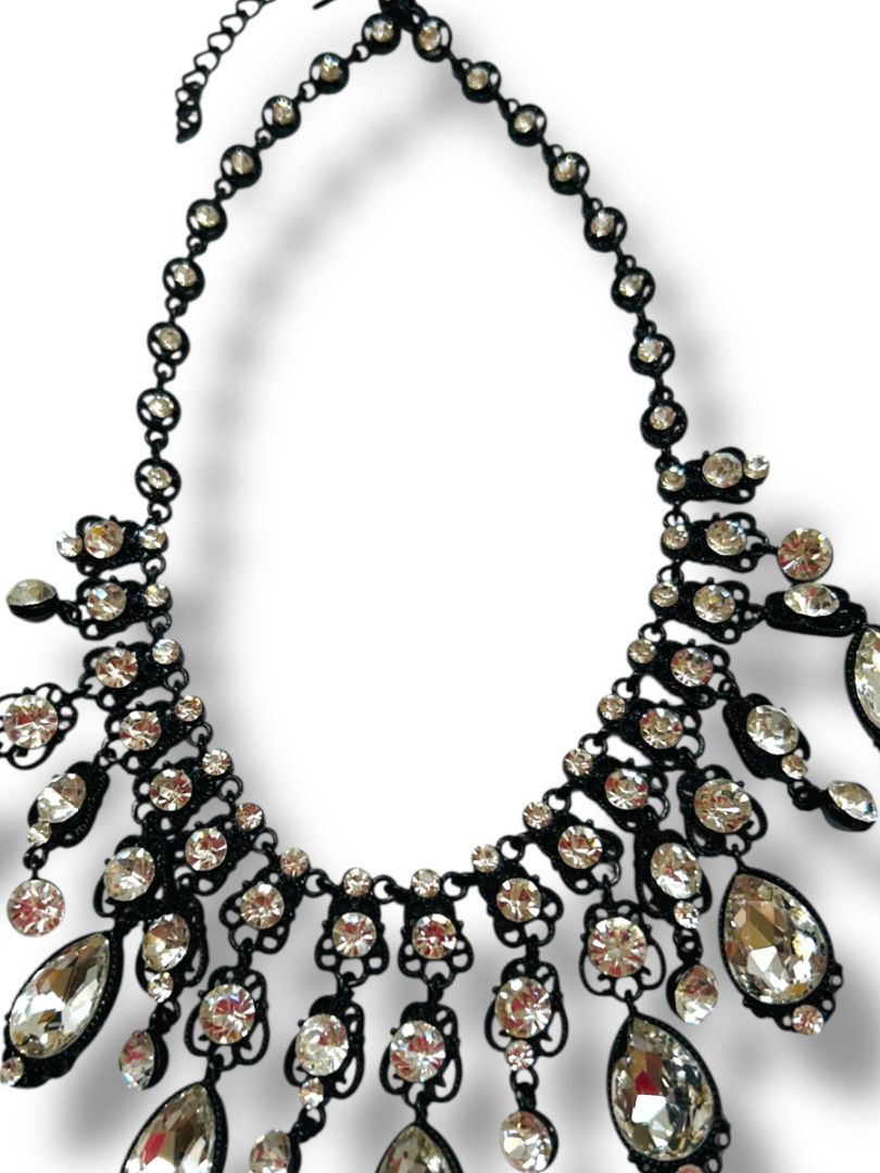 Natasha Bib Necklace Black Chain Clear Beads Sparkly 16-19"