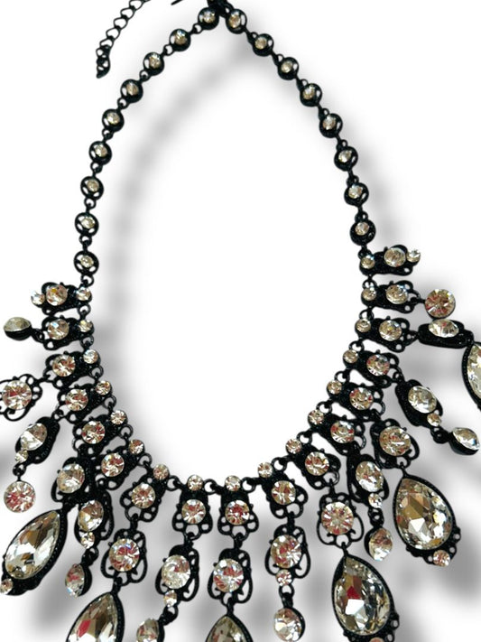 Natasha Bib Necklace Black Chain Clear Beads Sparkly 16-19"