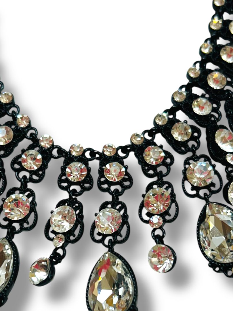 Natasha Bib Necklace Black Chain Clear Beads Sparkly 16-19"
