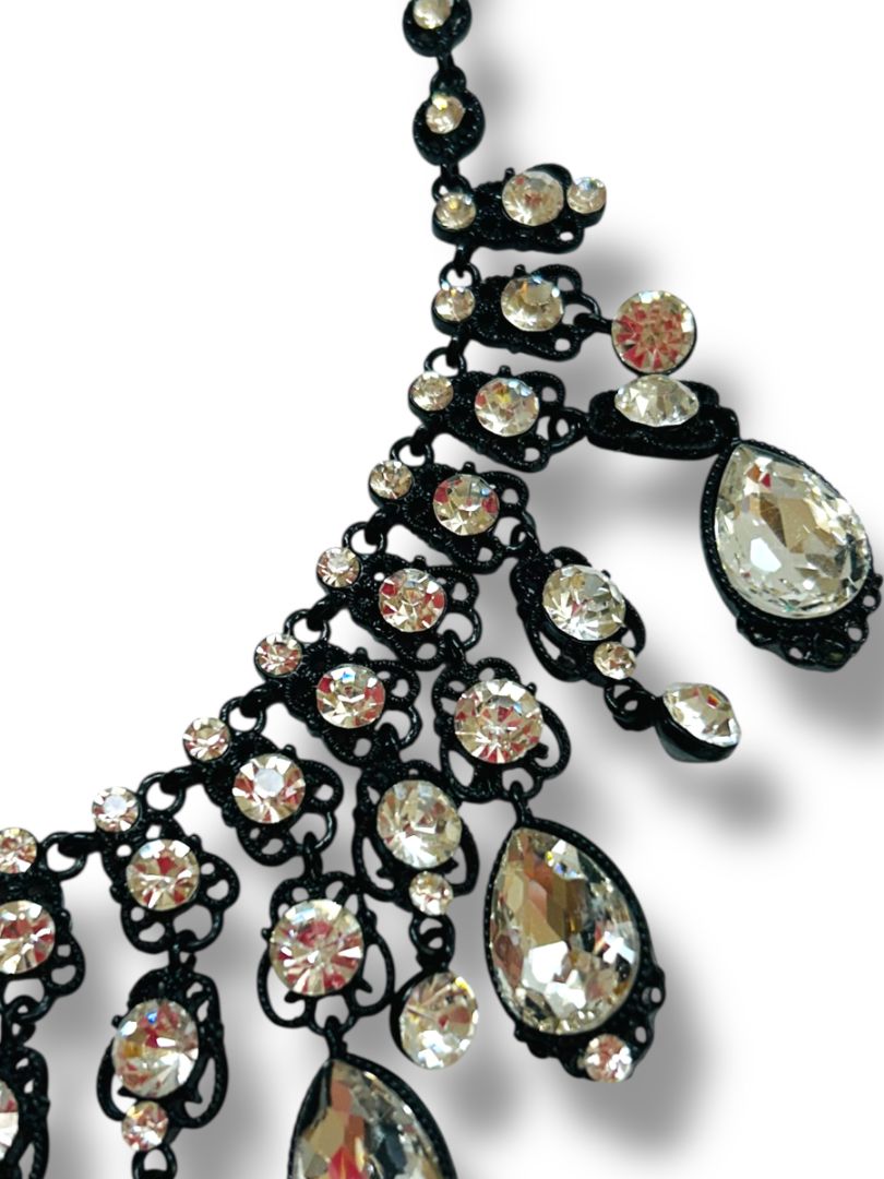 Natasha Bib Necklace Black Chain Clear Beads Sparkly 16-19"