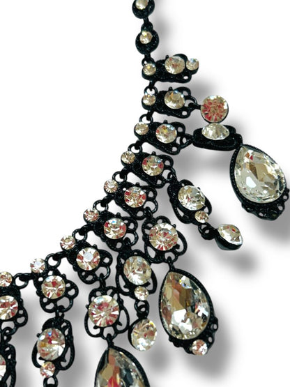 Natasha Bib Necklace Black Chain Clear Beads Sparkly 16-19"