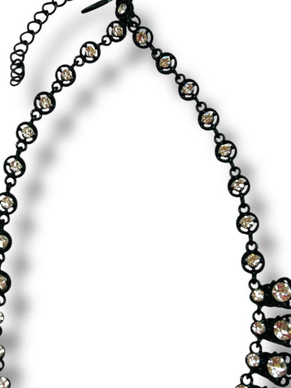 Natasha Bib Necklace Black Chain Clear Beads Sparkly 16-19"