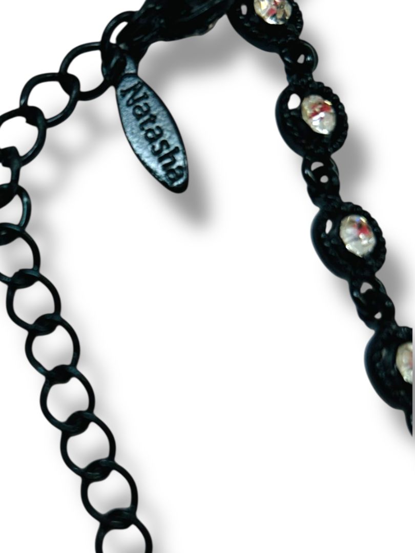 Natasha Bib Necklace Black Chain Clear Beads Sparkly 16-19"