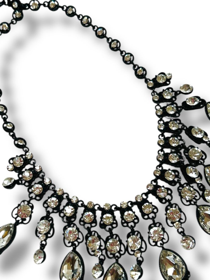 Natasha Bib Necklace Black Chain Clear Beads Sparkly 16-19"