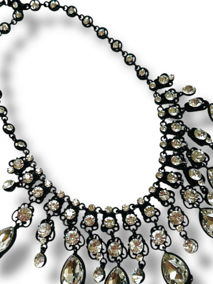 Natasha Bib Necklace Black Chain Clear Beads Sparkly 16-19"