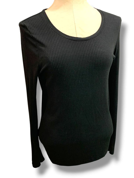 Medium Rachel Zoe Womens Black Ribbed Long Sleeve Soft Shirt Scoop Neck