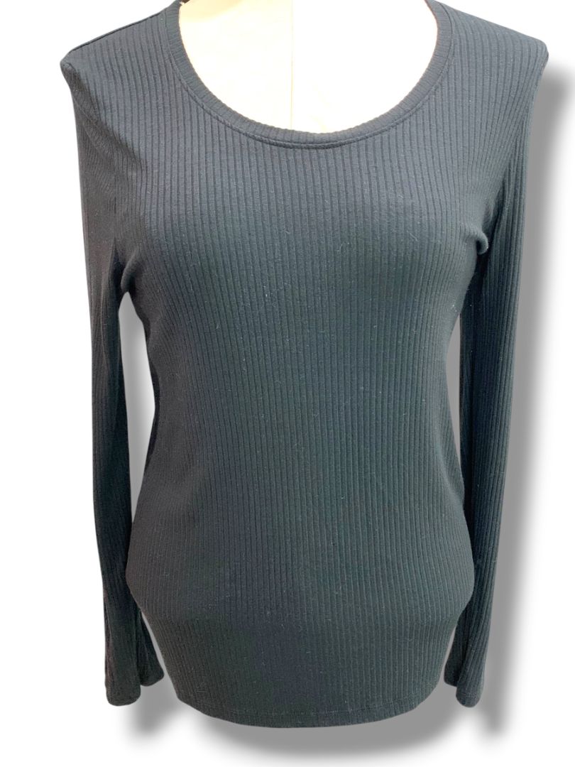 Medium Rachel Zoe Womens Black Ribbed Long Sleeve Soft Shirt Scoop Neck