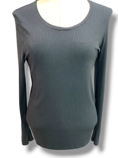 Medium Rachel Zoe Womens Black Ribbed Long Sleeve Soft Shirt Scoop Neck