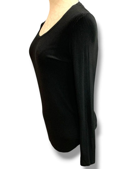 Medium Rachel Zoe Womens Black Ribbed Long Sleeve Soft Shirt Scoop Neck