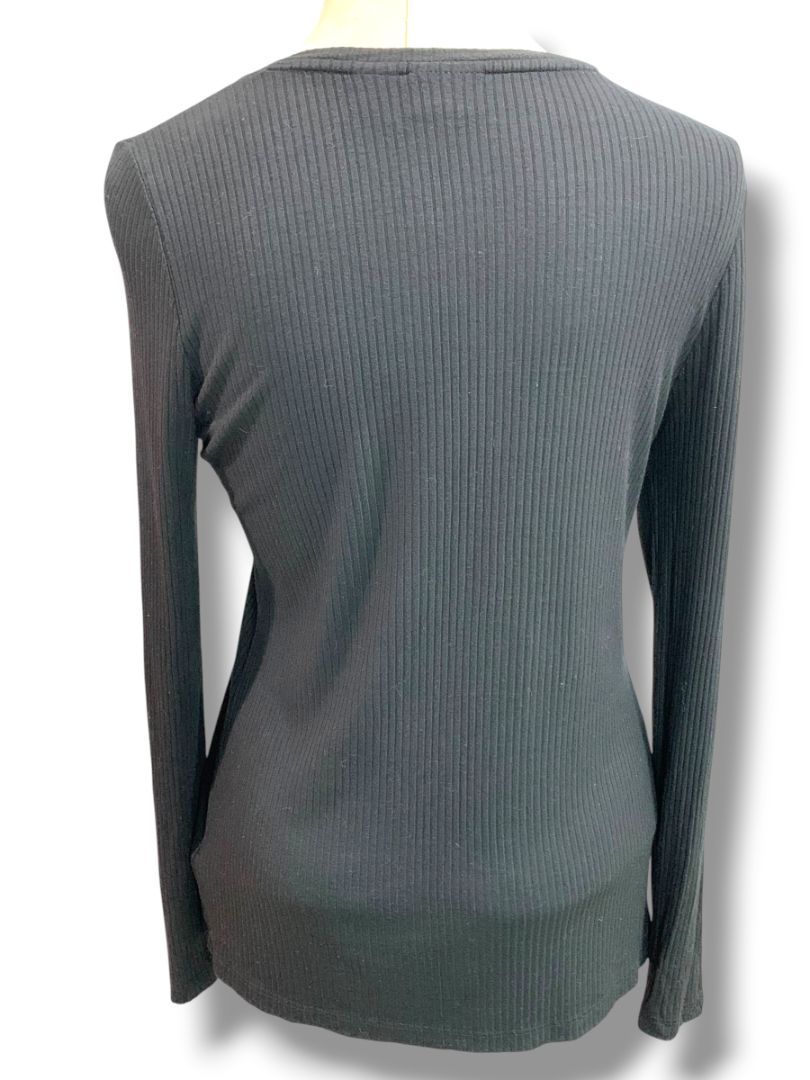 Medium Rachel Zoe Womens Black Ribbed Long Sleeve Soft Shirt Scoop Neck