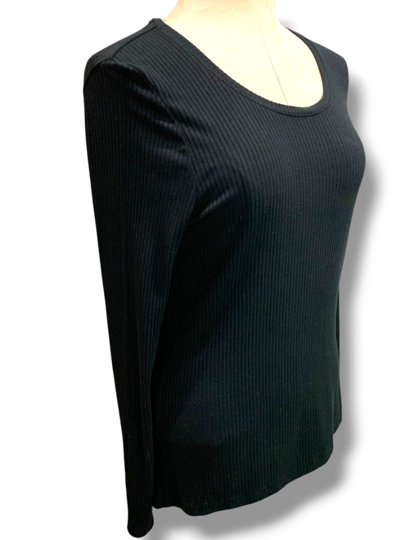 Medium Rachel Zoe Womens Black Ribbed Long Sleeve Soft Shirt Scoop Neck