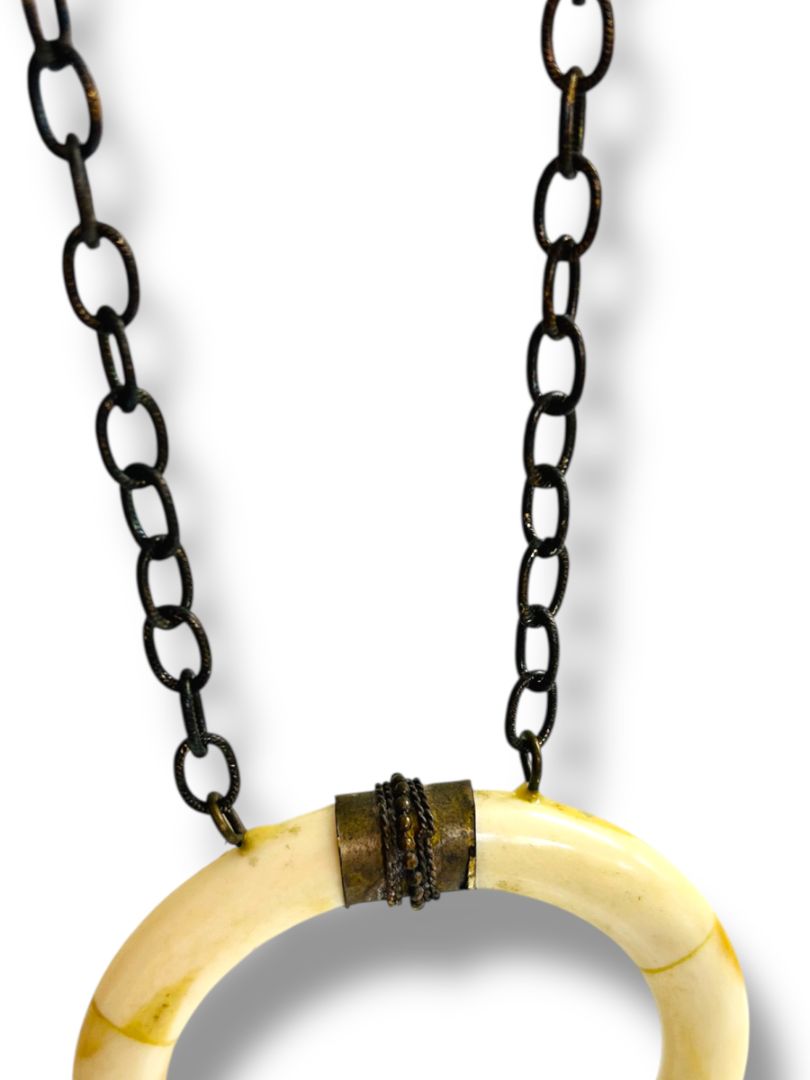 Liv H Grace Faux Tusk 3" Pendant Boho 44" Chain Antiqued Look