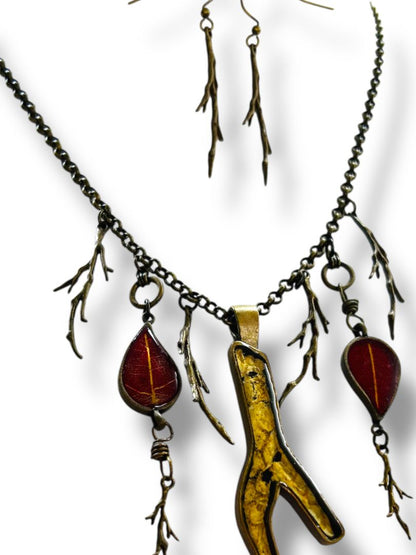 Antiqued Goldtone Necklace Earring Set DiBon USA Nature Theme New