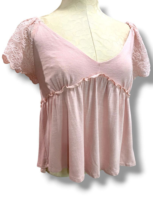 Small Love on a Hanger Womens Pink Babydoll Shirt V-Neck Eyelet Sleeve