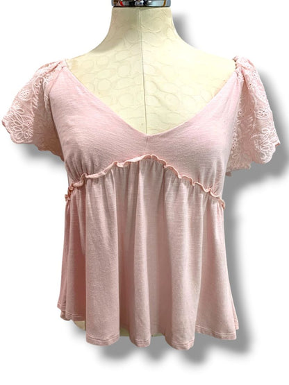 Small Love on a Hanger Womens Pink Babydoll Shirt V-Neck Eyelet Sleeve