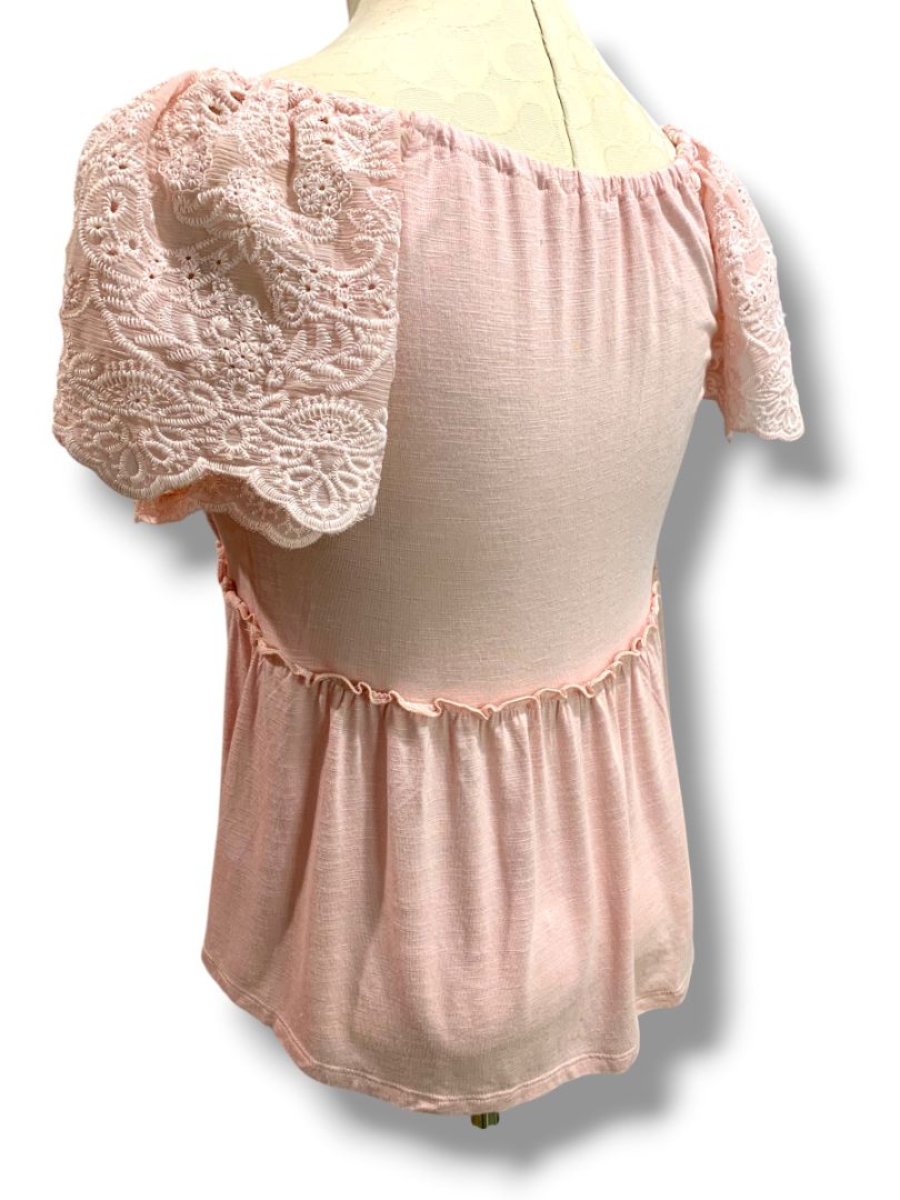 Small Love on a Hanger Womens Pink Babydoll Shirt V-Neck Eyelet Sleeve
