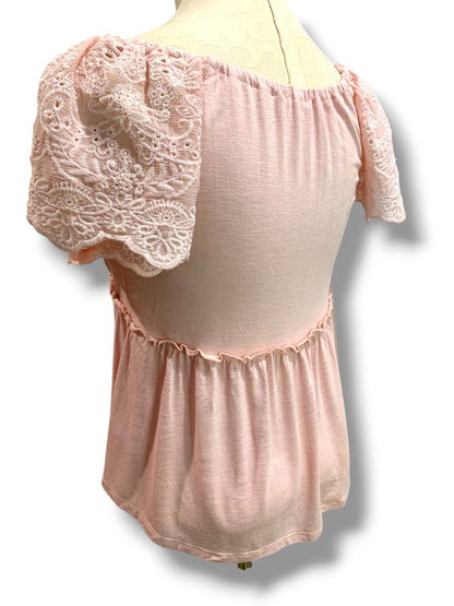 Small Love on a Hanger Womens Pink Babydoll Shirt V-Neck Eyelet Sleeve