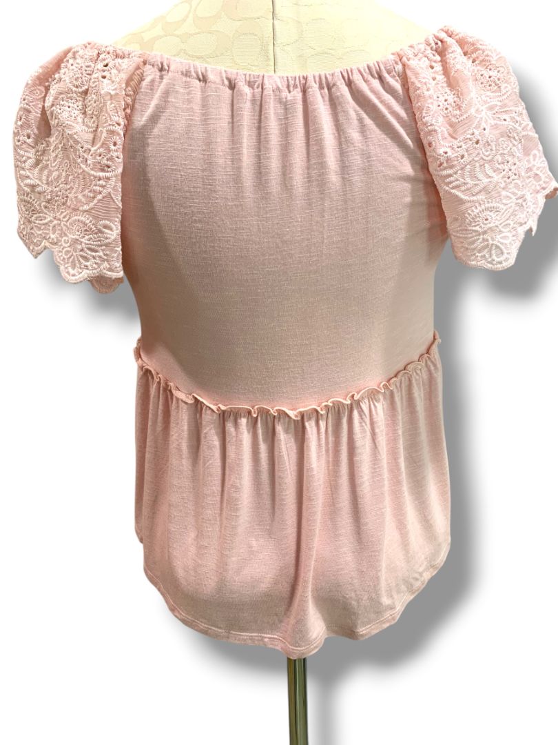 Small Love on a Hanger Womens Pink Babydoll Shirt V-Neck Eyelet Sleeve