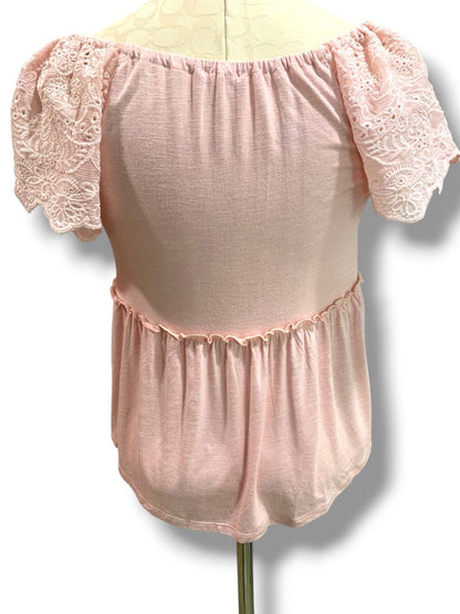 Small Love on a Hanger Womens Pink Babydoll Shirt V-Neck Eyelet Sleeve