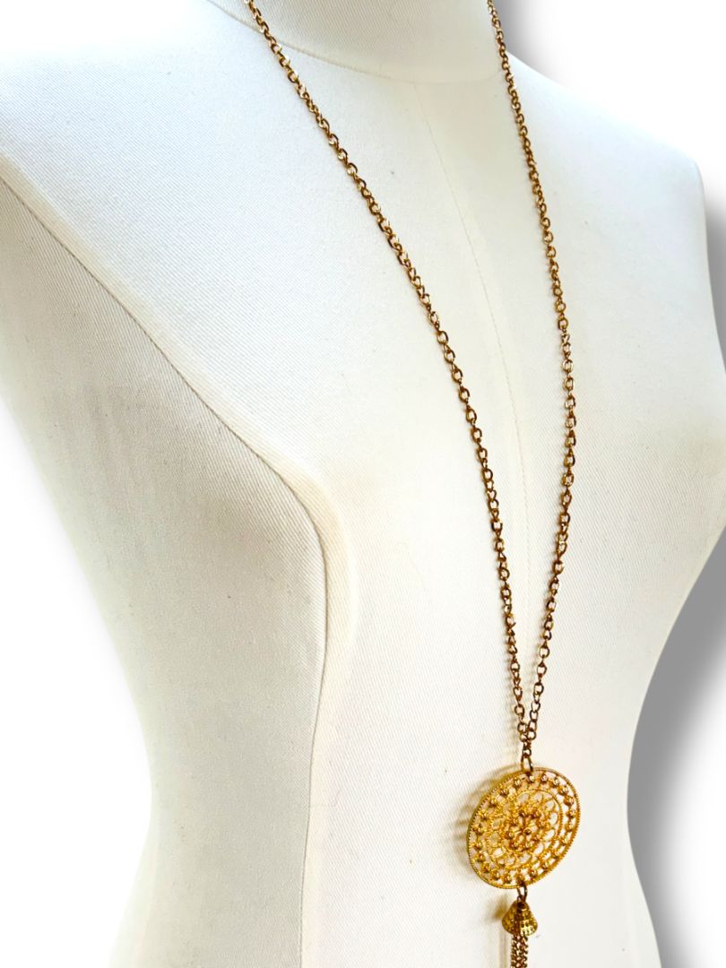 Goldtone Necklace 33" with Medallion Pendant 5.5" Tassel