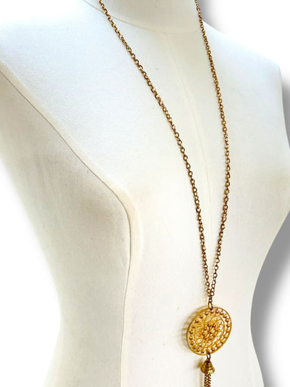 Goldtone Necklace 33" with Medallion Pendant 5.5" Tassel
